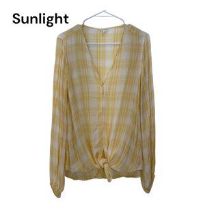 Max Studio Yellow & White Plaid V-Neck Long Sleeve Blouse Womens Large Tie Front